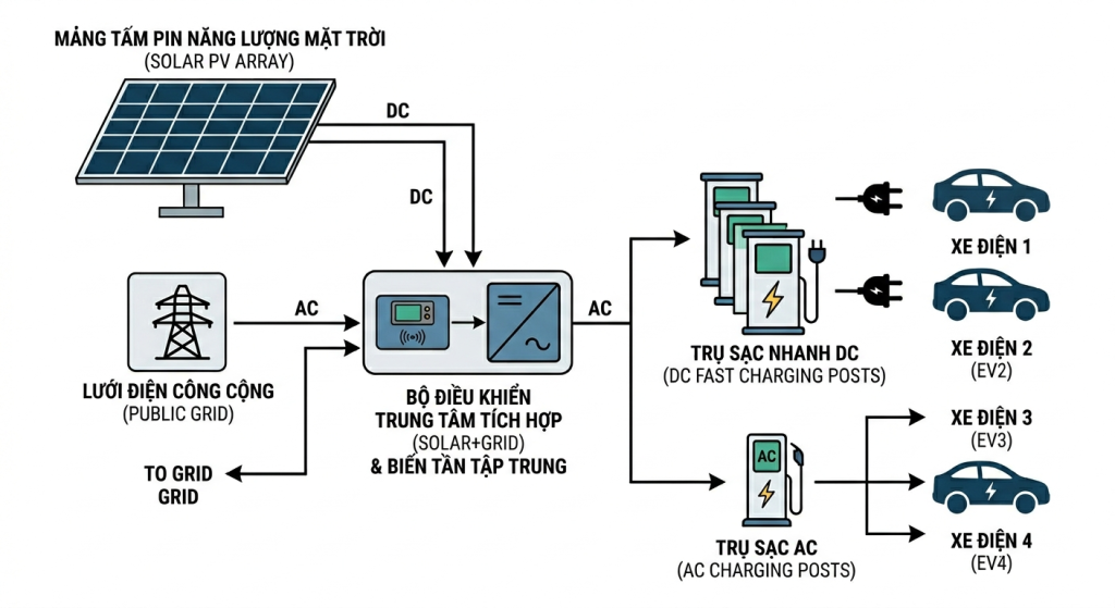 Sơ đồ nguyên lý hoạt động hệ thống điện mặt tời cho trạm sạc